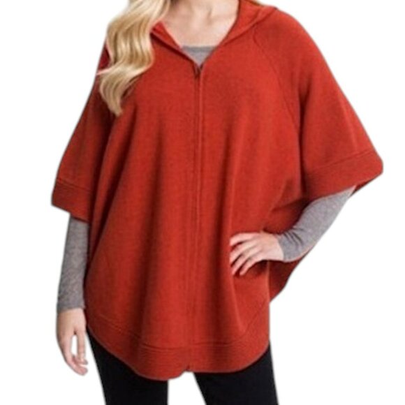 Eileen Fisher Red Yak Wool Zip Front Hooded Poncho Cape Coat Medium Lagenlook - Picture 2 of 10